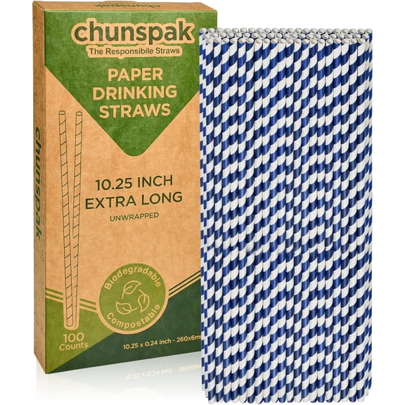 10 Inch Long Disposable Drinking Straws Paper - Navy Blue Striped, 100 Counts - 100% Biodegradable