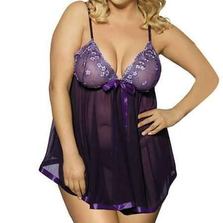 

EHTMSAK Womens See Through Lace Sexy Sleepwear Bow Teddy Nightgown Lingerie Plus Size Babydoll Purple M