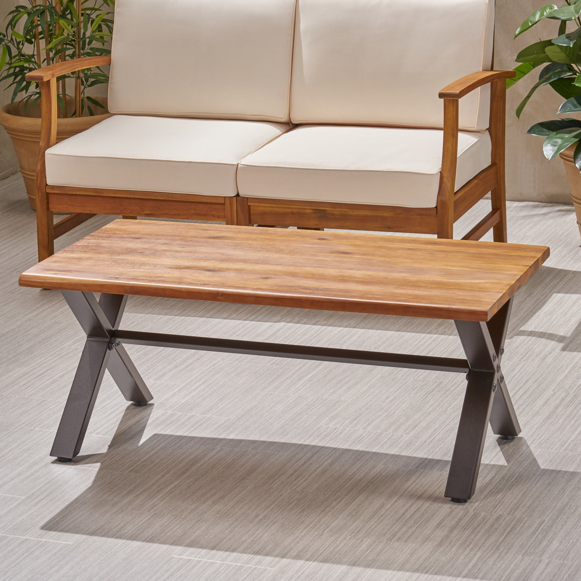 Wood Coffee Table for Living Room,Farmhouse Coffee Table with Metal Base for Living Room,Outdoor,18'' H X 27.25'' W X 43.25'' L
