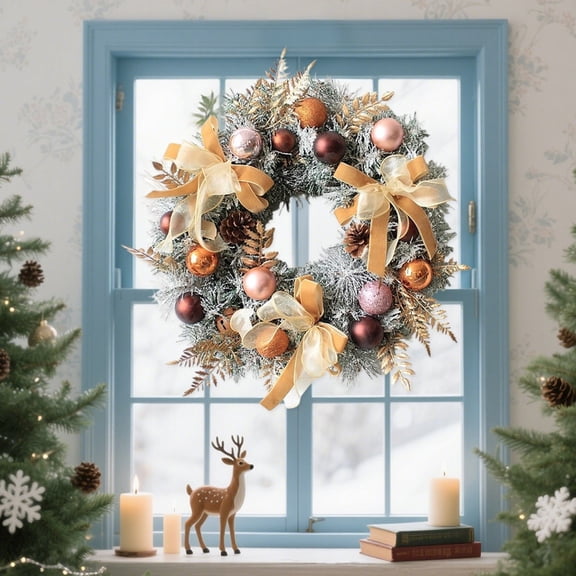 Champagne-Colored 45Cm Flocked Christmas Ball Wreath For Home Front Door/ 20 Inch Christmas Wreath Artificial Holiday Wreath With Baubles Berries Leaves Spruce Branches Snowy Needles