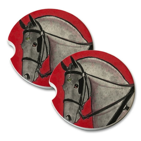

KuzmarK Sandstone Car Drink Coaster (set of 2) - Gray Percheron Draft Horse in Harness Horse Art by Denise Every