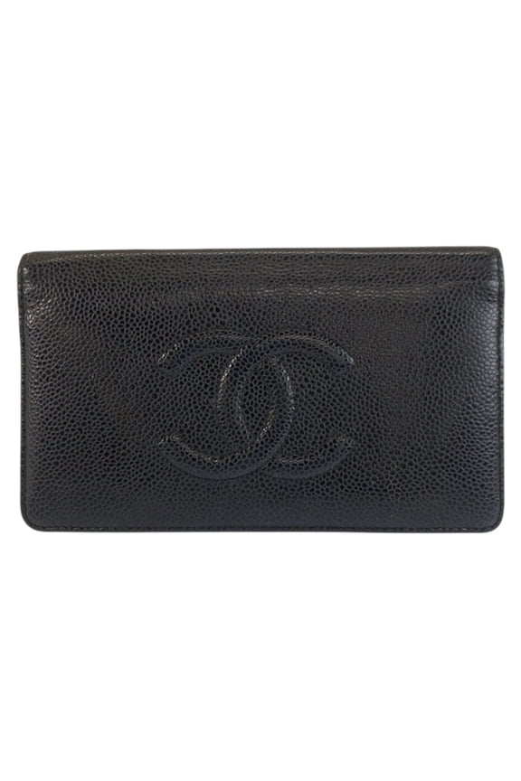 Pre-Owned CHANEL Coco Mark Black Leather Long Wallet for Women