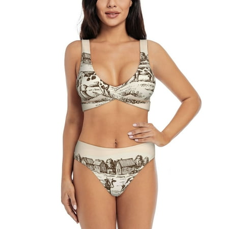 Zeuib Cows On The Farm High Waisted Tummy Control Bikini Set - Knot Front Push Up Top & Cheeky Thong Bottom  Two-Piece Swimsuit for Women-Small