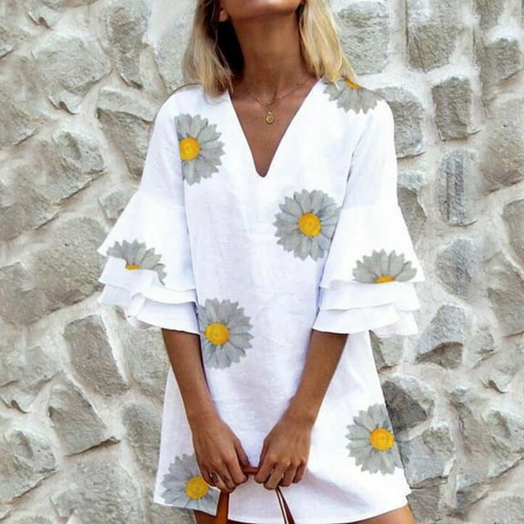 Inkach Women Summer Dress Casual V-Neck Floral Print Butterfly Mid-Sleeve Mini Dress