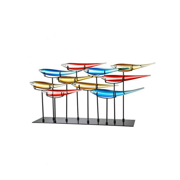 10 Multicolor Fish Glass Sculpture/Figurine in Ebony Black Finish