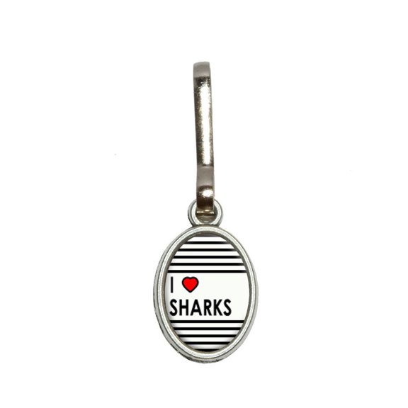 I Love Heart Sharks Oval Zipper Pull