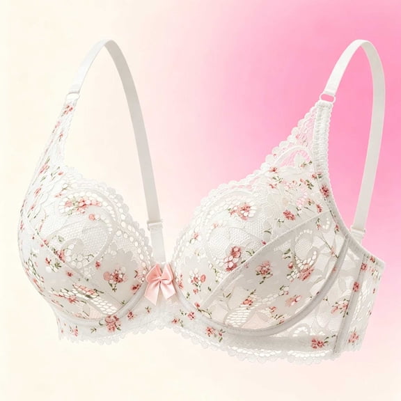 Floral Lace Push Up Bra Womens Cute Bow Underwire Adjustable Strap Thin Cup Breathable Bralette White No Underwire Comfy Seamless Bra M