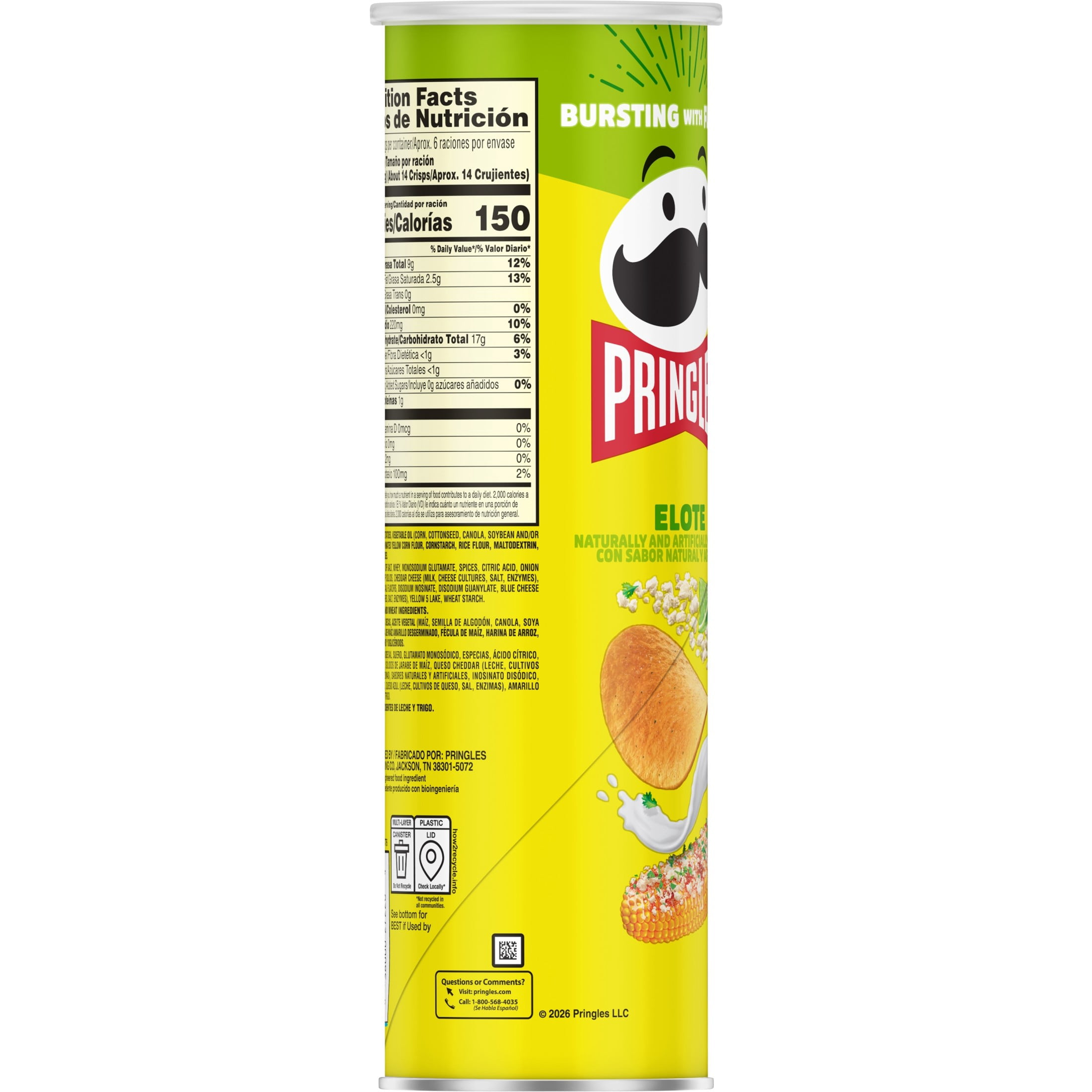 Pringles Elote Mexican Street Corn Potato Crisps Chips, Lunch Snacks, 5.5 oz Canister