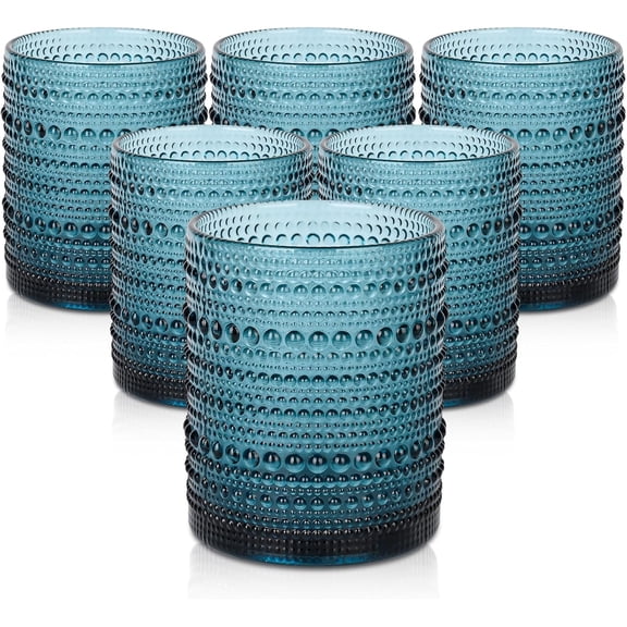 Vintage Glassware Drinking Glasses Set of 6,12 oz Hobnail Glass Cups,Embossed Blue Water Tumbler,for Beer,Cocktail,Whiskey,Juice and Various Mixed Drinks1 Cleaning Brush