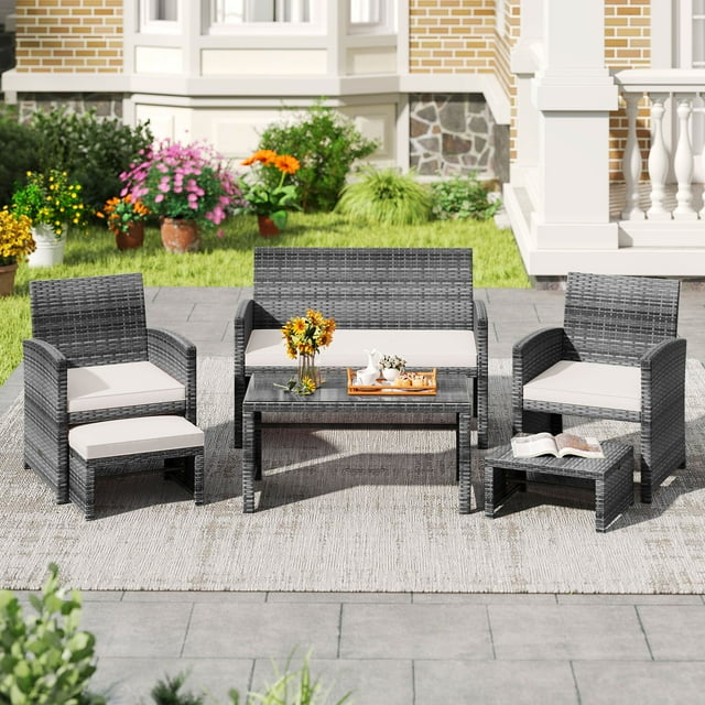 Costway 6PCS Patio Furniture Set Outdoor Sectional Conversation PE Rattan Sofa Set White