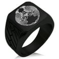 thumbnail image 1 of Stainless Steel Yggdrasil Huginn & Muninn Odin's Ravens Geometric Pattern Biker Style Polished Ring, 1 of 1