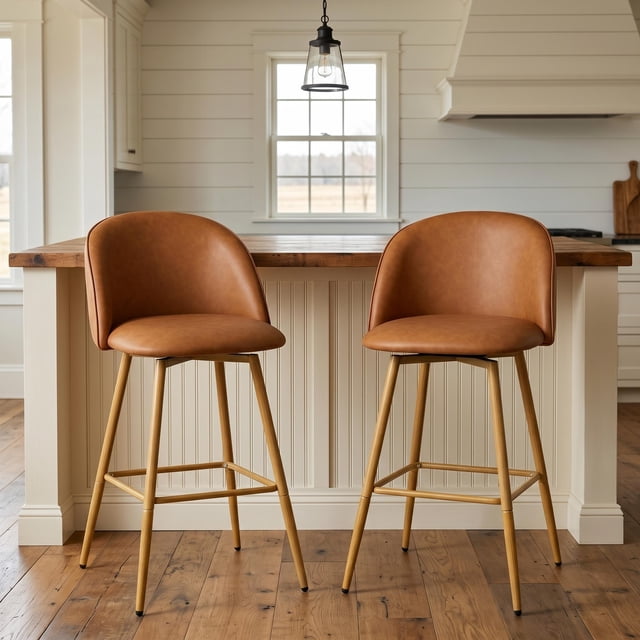 Homy Casa Set of 2 24.4" Swivel Bar Stools, Brown Faux Leather Counter Chairs for Kitchen Island & Home Bar