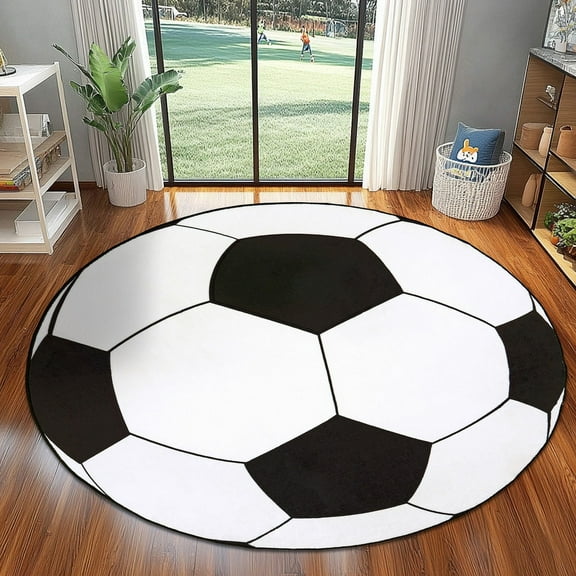 Soccer ball rug for boys room Soft Area Gifts for Boys Girls Shag Bedside Rug for Kids Teens Soccer Lovers Room Decor Indoor Round Carpet for Bedroom Living Room Nursery Machine Washable,47 Inch