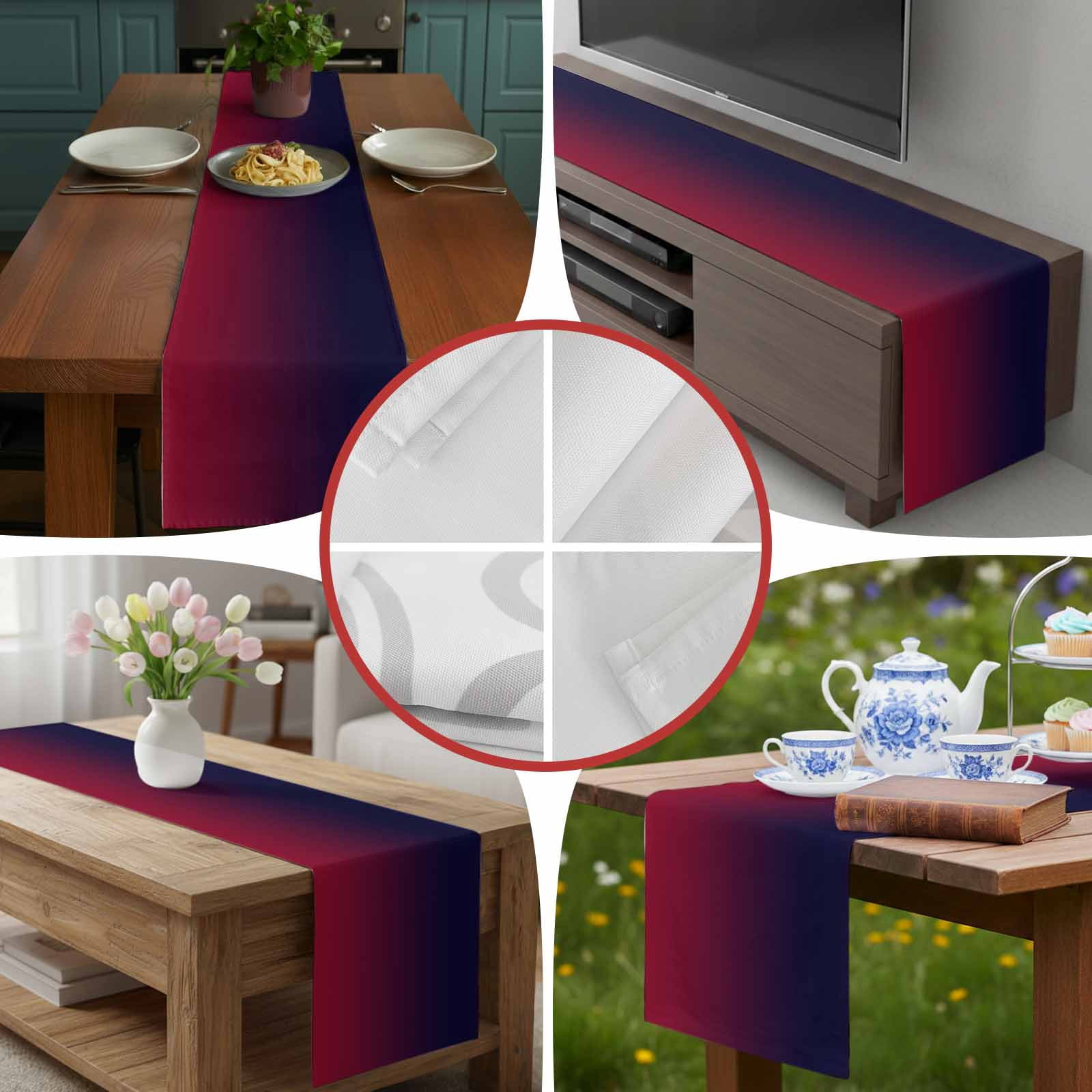 Burgundy Red Gradient Ombre Table Runner 90 Inches Long, Dark Maroon Shadow Table Runners Tabletop Scarf Kitchen Dining Tables Decoration for Home Party Indoor Outdoor