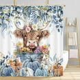 thumbnail image 2 of Fall Blue Pumpkin Shower Curtain, Autumn Plant Eucalyptus Leaves Floral Farmhouse Highland Cow Bath Curtain, Funny Animals Bathroom Accessories Botanical for Bathroom Curtain Set with Hooks, 72X72in, 2 of 5