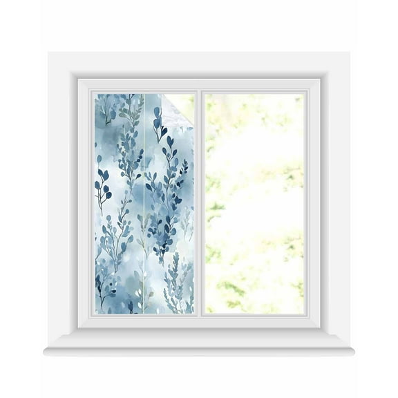 Window Privacy Film Blue Botanical Art Stained Glass Window Film Decorative Sun Block Window Cover Watercolor Leaf Modern Elegant Window Clings Static Adhesive Sticker for Bathroom 19.6"x39.3"