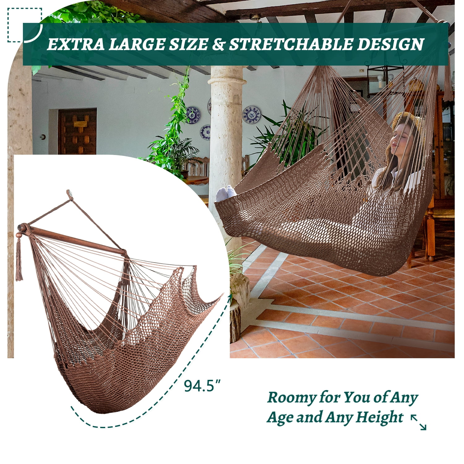 Bathonly Caribbean Hammock Swing Chair with Wood Bar, for Outdoor, Indoor, Max 330 lbs, Dark Brown
