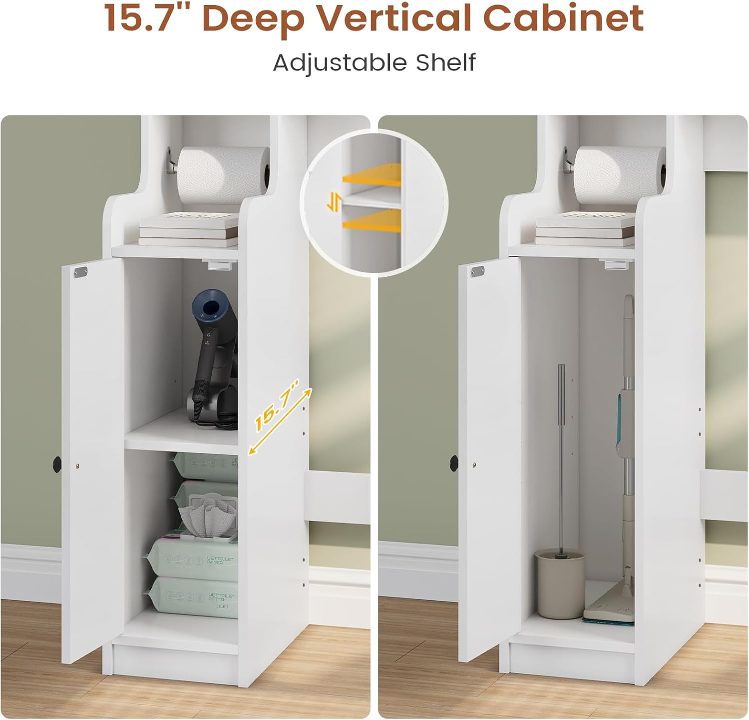 Over The Toilet Storage Cabinet with 3 Doors, Farmhouse Space Saver for Bathroom Organizer with Paper Holder, 10 Shelves and Hooks, 7-Tier Over Washing Machine Cabinet for Laundry, Bathroom, White