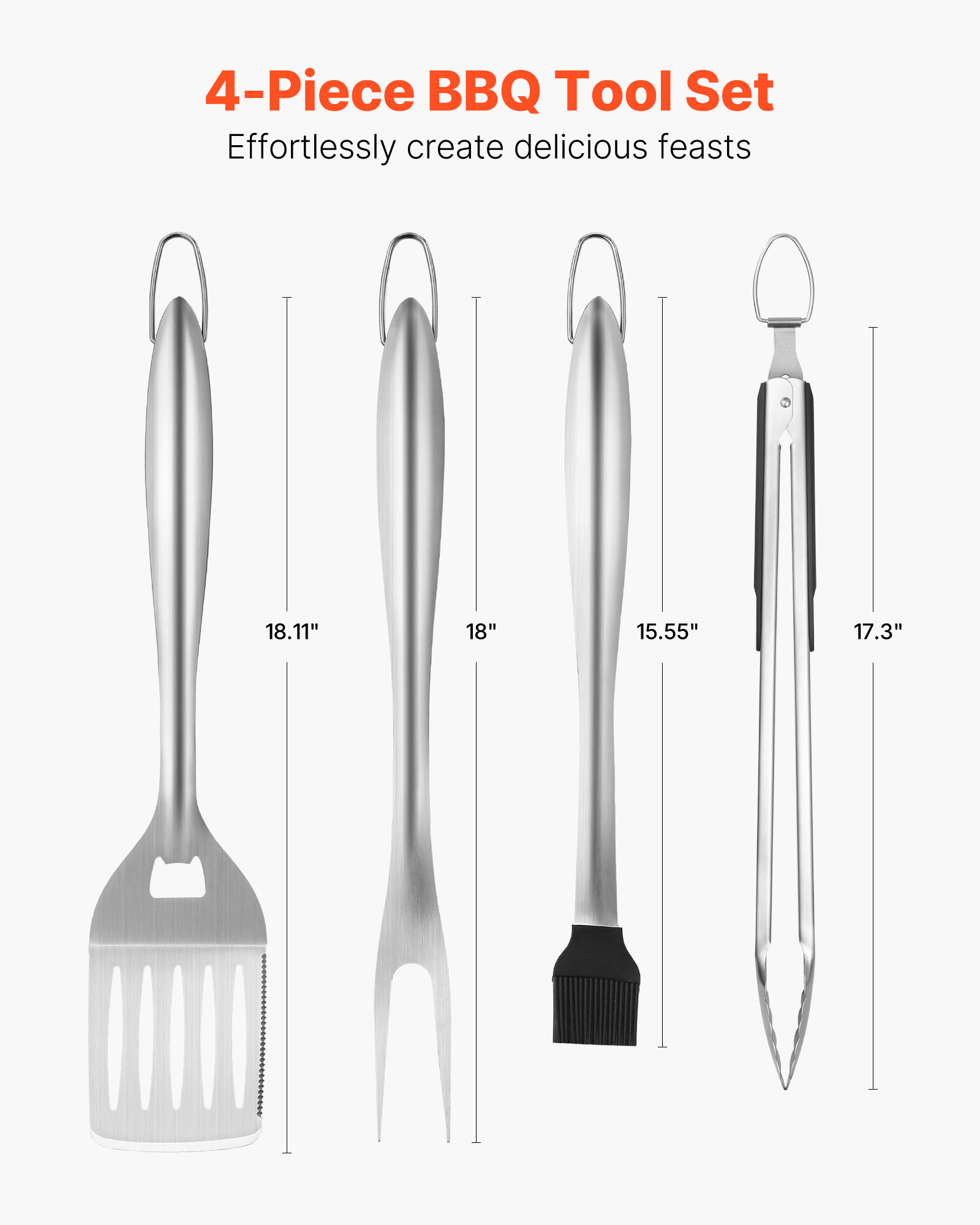 VEVOR Grilling Accessories, 4PCS BBQ Grill Tool Set, Heavy Duty Stainless Steel Barbecue Tools, Kitchen Utensils with Tong, Spatula, Fork, Brush, for Outdoor Grills, Gift for Father Men Husband
