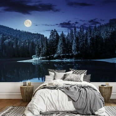 wall26 - Lake Near The Pine Forest in Mountains at Night in Full Moon Light - Removable Wall Mural | Self-Adhesive Large Wallpaper - 100x144 inches