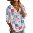 thumbnail image 3 of Women's Patchwork Floral Print 3/4 Sleeve Henley Top - V-Neck Button Tunic Blouse, Loose Fit Boho Casual Summer Shirt for Vacation, Beach, Daily Wear Blue XL, 3 of 6