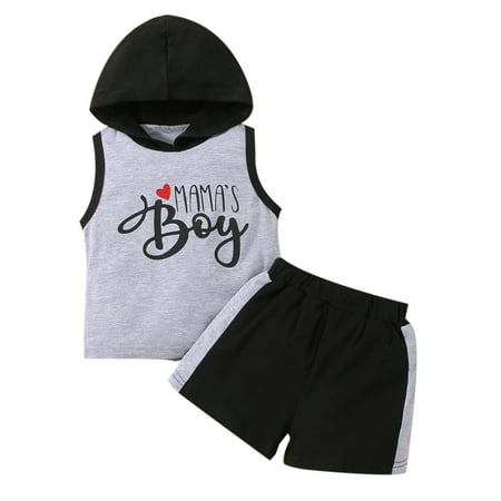

Bebiullo Newborn Infant Baby Boy Clothes Summer Outfit Letter Print Hooded Vest + Shorts 2PCS Sets Gray 18-24 Months