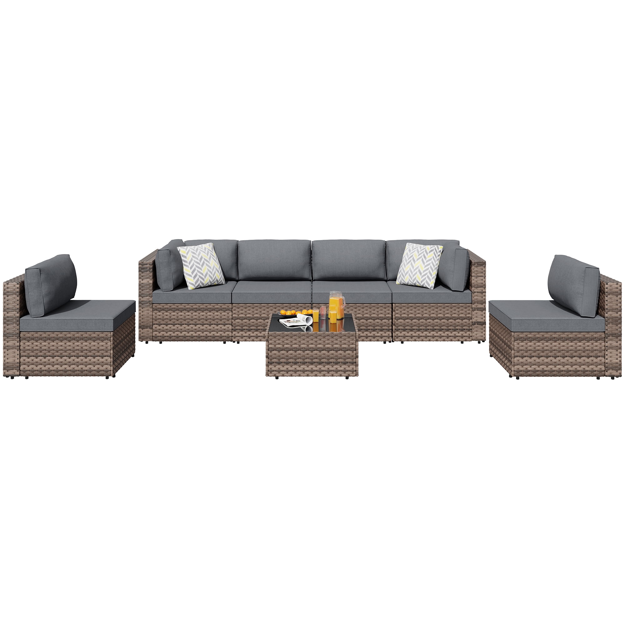 Walsunny 7 Pieces Patio Conversation Set, All-Weather Rattan Wicker Patio Furniture Sets with 6 Chairs and 1 Coffee Table, Washable Couch Cushions,Brown Rattan Gray Cushions