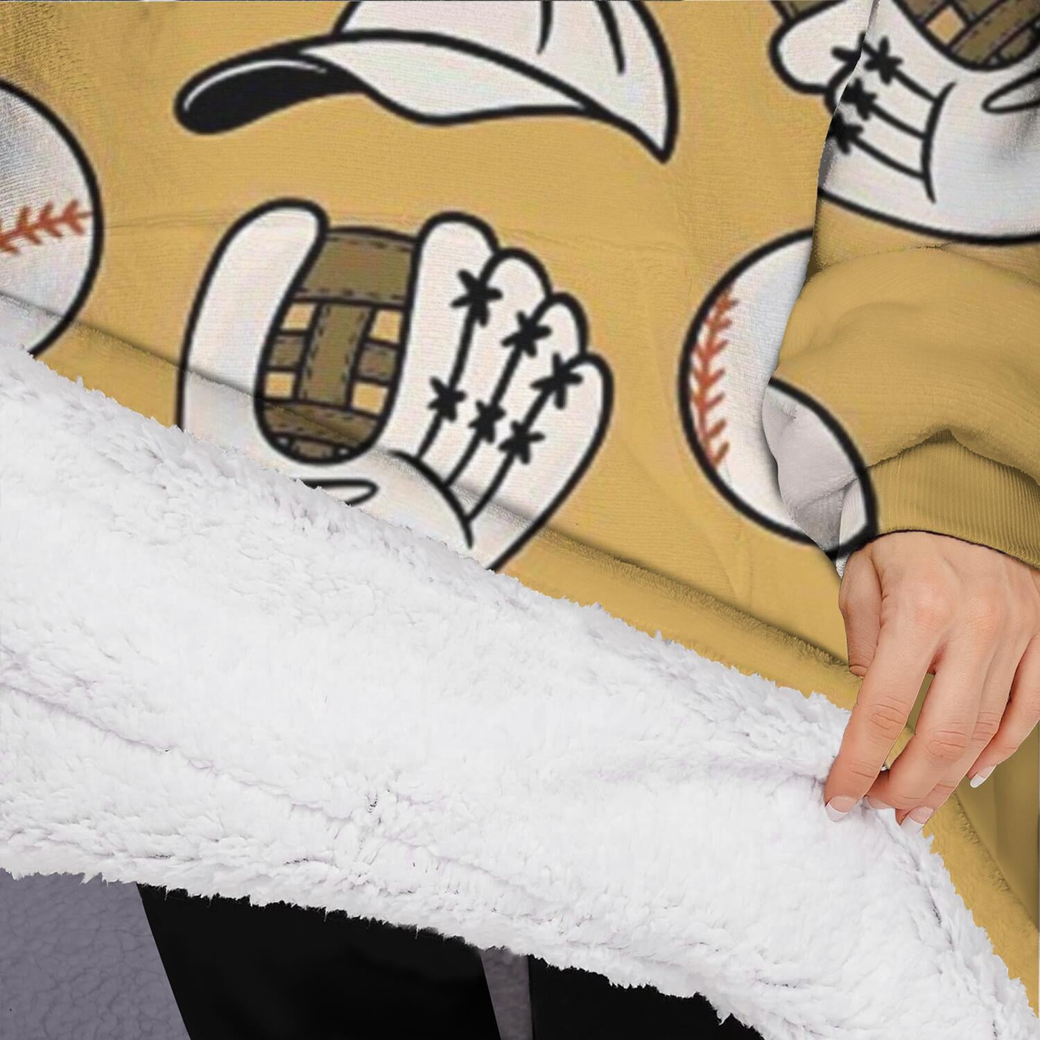 Oversized Wearable Blanket Hoodie,Yellow Baseball Items Pattern Sherpa Blanket Hoodie with Super Pockets,Super Warm Fuzzy Pullover for Women & Men