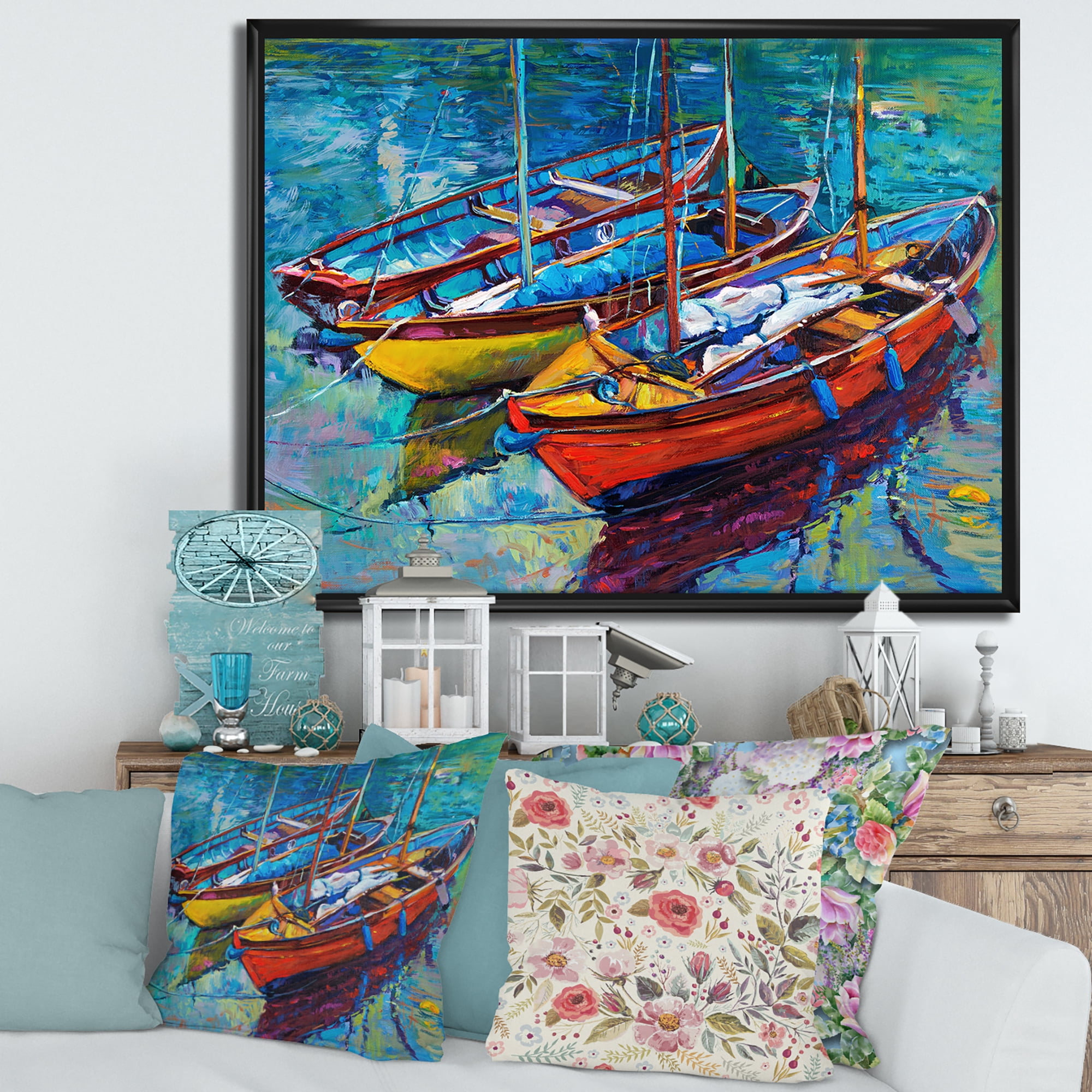 Designart 'Three Colorful Boats In The Harbor' Nautical & Coastal Framed Canvas Wall Art Print