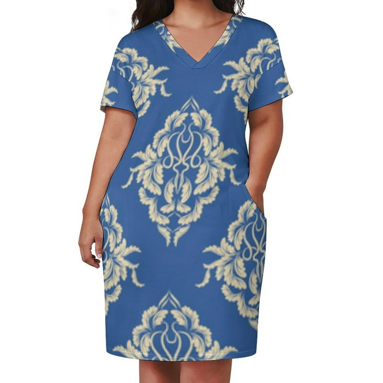 Blue Cream Elegant Damask Pattern Women's Loose Short Sleeve Dress Casual  Summer Plus Size Long Dresses with Pockets - Walmart.com