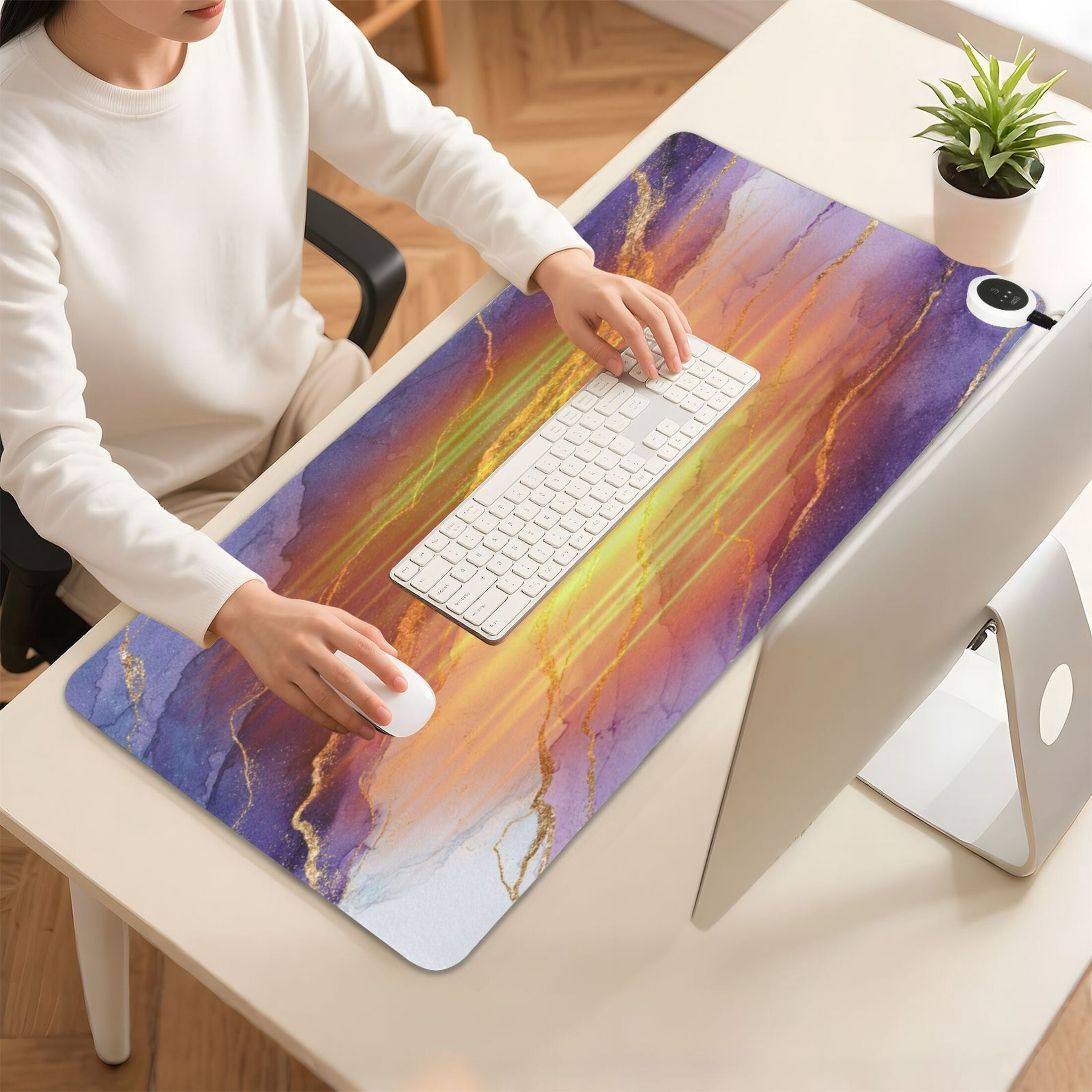 Large Heated Desk Mat Mouse Pad 31.5"x13"PU Leather Graphene Heating Desk Warmer with 3 Temperature Settings 110V US Plug Non-Slip Warm Pad for Home, Office, and Gaming Abstract Dark Purple Marble