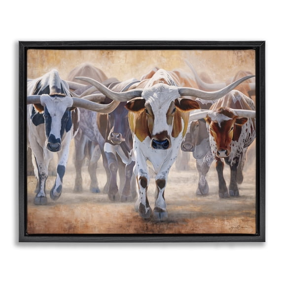 Stupell Industries Southwestern Trotting Longhorn Cattle Black Floating Frame Canvas Art, 21 x 17, by James Corwin