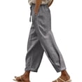 thumbnail image 6 of Yourumao Linen Barrel Pants for Women Drawstring Elastic Waist Pants Lightweight Solid Cropped Trousers Loose Leisure Beach Pants with Pocket, 6 of 9