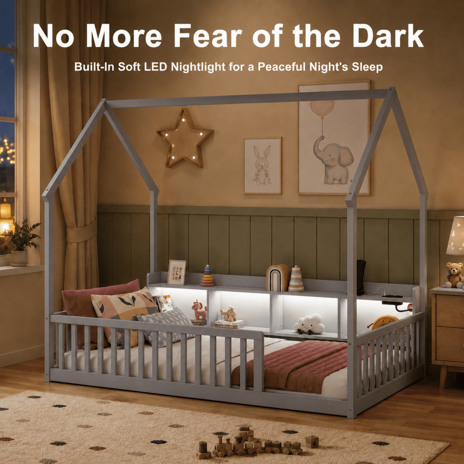 Miniyam Twin House Bed for Kids, Floor Bed with Storage, LED, Charging Station, Gray