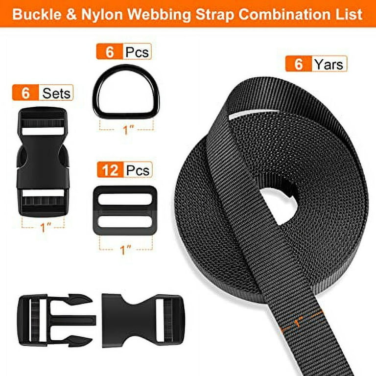 Buckles Strap 1 Inch: Nylon Webbing Straps 6 Yards, Quick Side Release  Plastic Buckles Dual Adjustable 6 Pack, Tri-Glide Slide Clip 12 PCS, Metal  D Rings 6 PCS, Heavy Duty, Black 