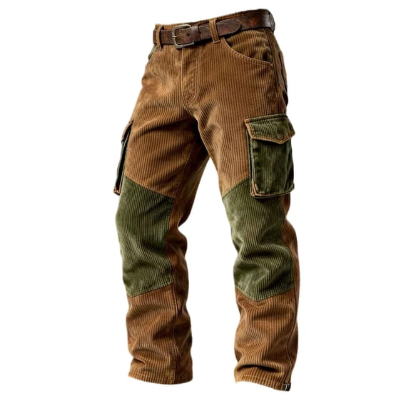 CONZONE Men's Baggy Corduroy Pants Wide Leg Cargo Pants for Men Trendy Buttons Patchwork Color Soft Casual Joggers With Pocket