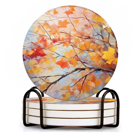 BaHomeck Drink Coasters Set of 4 with Holder Autumn leaves with colorful fall foliage on tree branches Water Absorbent Ceramic Coasters Tabletop Protection,Suitable for Various Cup ,Home Decor