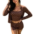 thumbnail image 3 of Karymi Womens Tops Polka Dot 3 Piece Set, Long Sleeve Button Front Cardigan, Square Neck Crop Cami Top, Drawstring Elastic Waist Shorts, Vacation Outfit, 3 of 7
