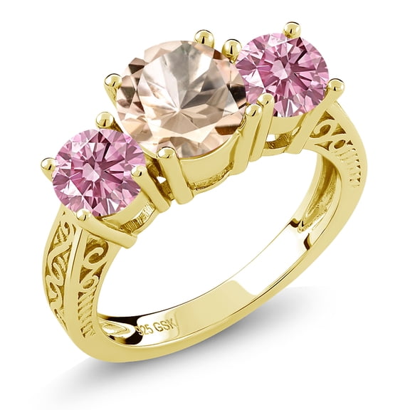 Gem Stone King 18K Yellow Gold Plated Silver Peach Morganite and Pink Lab Grown Diamond Engagement Ring for Women | 2.15 Cttw | Round 7MM | Gemstone October Birthstone | Size 5