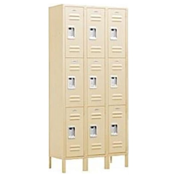 12" Wide Triple Tier Standard Metal Locker - 3 Wide - 6 Feet High - 18 Inches Deep - Tan - Unassembled