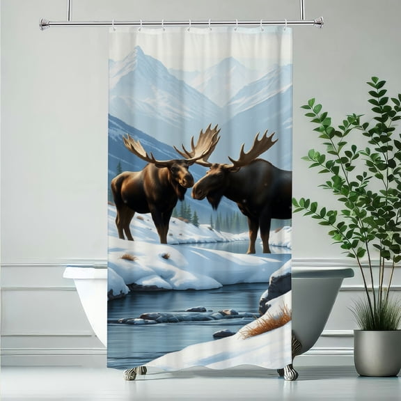 RKSupls Moose Pair in Snowy Mountain Valley Shower Curtain, Valentine's Day Waterproof Shower Curtain with Hooks for Home Bathtub Bathroom Decor Washable Fabric Curtains,90x180cm