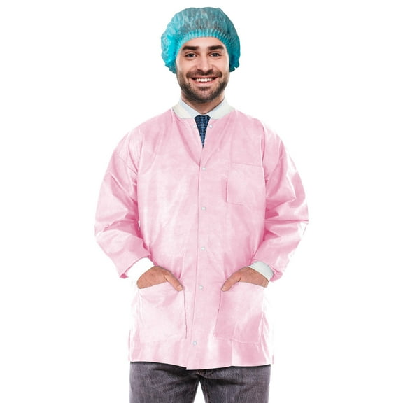 Light Pink SMS Disposable Lab Jacket, Small, 29 in, Snap Front, 3 Pockets, 100 count