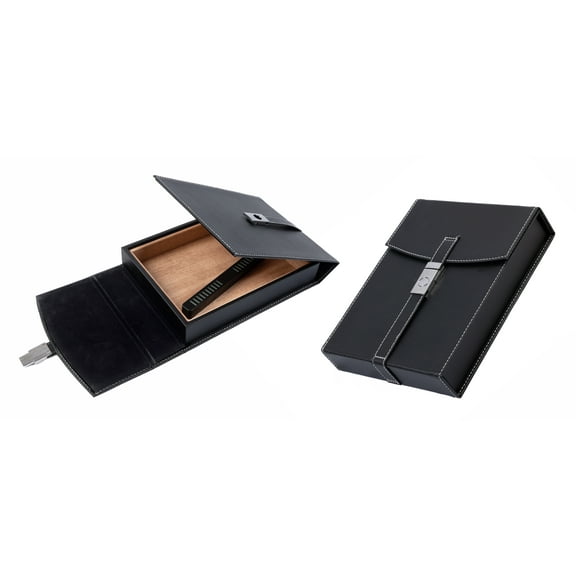 Florence 10 Cigar Holder Leather Travel Humidor Case w/ Chrome Buckle - Black