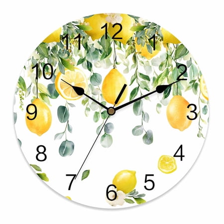 Silent Wall Clocks Battery Operated, Tropical Round Decorative Wall Clock for Living Room Bedroom Kitchen Bathroom Classroom Decor, 14 Inch Lemon Leaf Fruit Yellow Green White