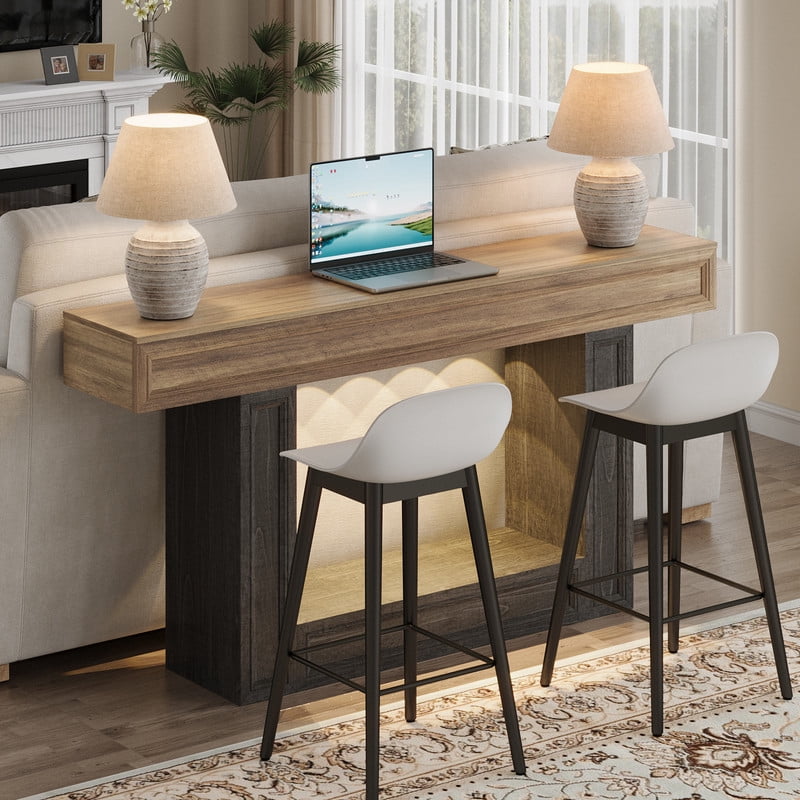 PLAMLE 63 Inch 2-Tier Console Table with Sensor Lights, U-Shaped Base Sofa Table for Entryway, Hallway, Living Room, Foyer, Narrow Small Spaces
