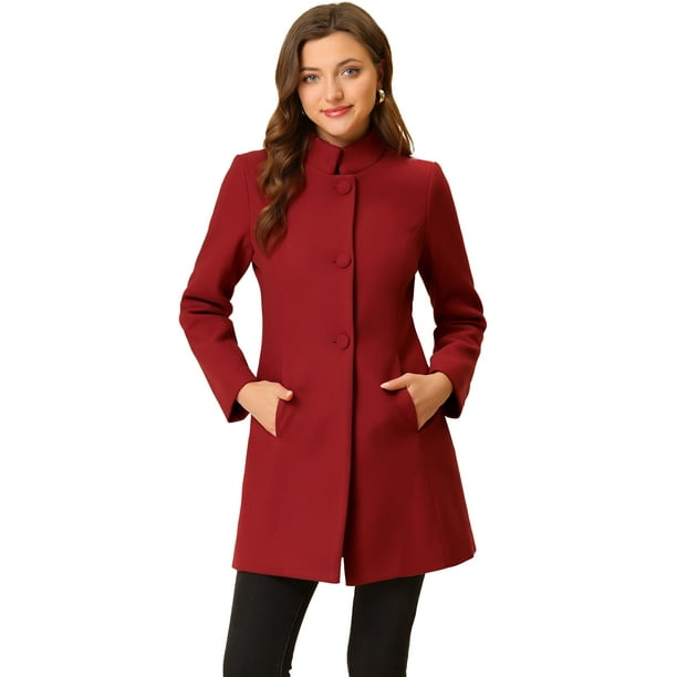 Abrigo De Invierno Elegante PaMujer Abrigo Largo De Un Solo Pecho Con Cuello Alto En Mitad Del Muslo Rojo XL