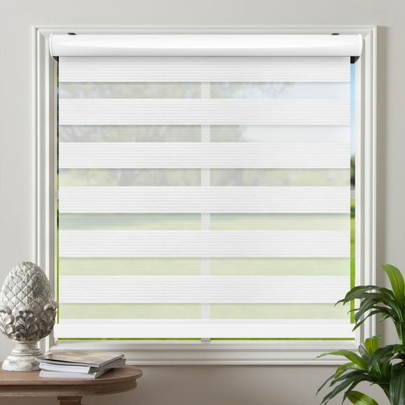 Biltek Cordless Zebra Window Blinds with Modern Design - Roller Shades w/ Dual Layers - Solid & Sheer Shades for Transparency / Privacy - Great for Home, Office, Kitchen, Bathroom - White, 71"W X 72"H