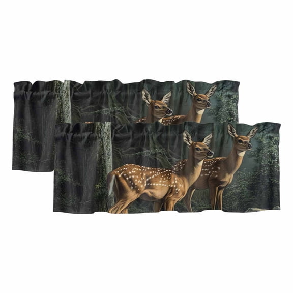 Forest Deer Window Valance, Animals River 2 Pack Decorative Curtain for Small Windows, Light Filtering Valance with 3” Rod Pocket, 60"W x 18"L