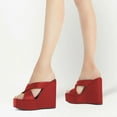 thumbnail image 2 of FSJ Women Wide Cross Strap Wedge High Heeled Mules Open Square Toe Platform Slide Sandals Sexy Cocktail Party Summer Slippers Size 6.5 Red, 2 of 5