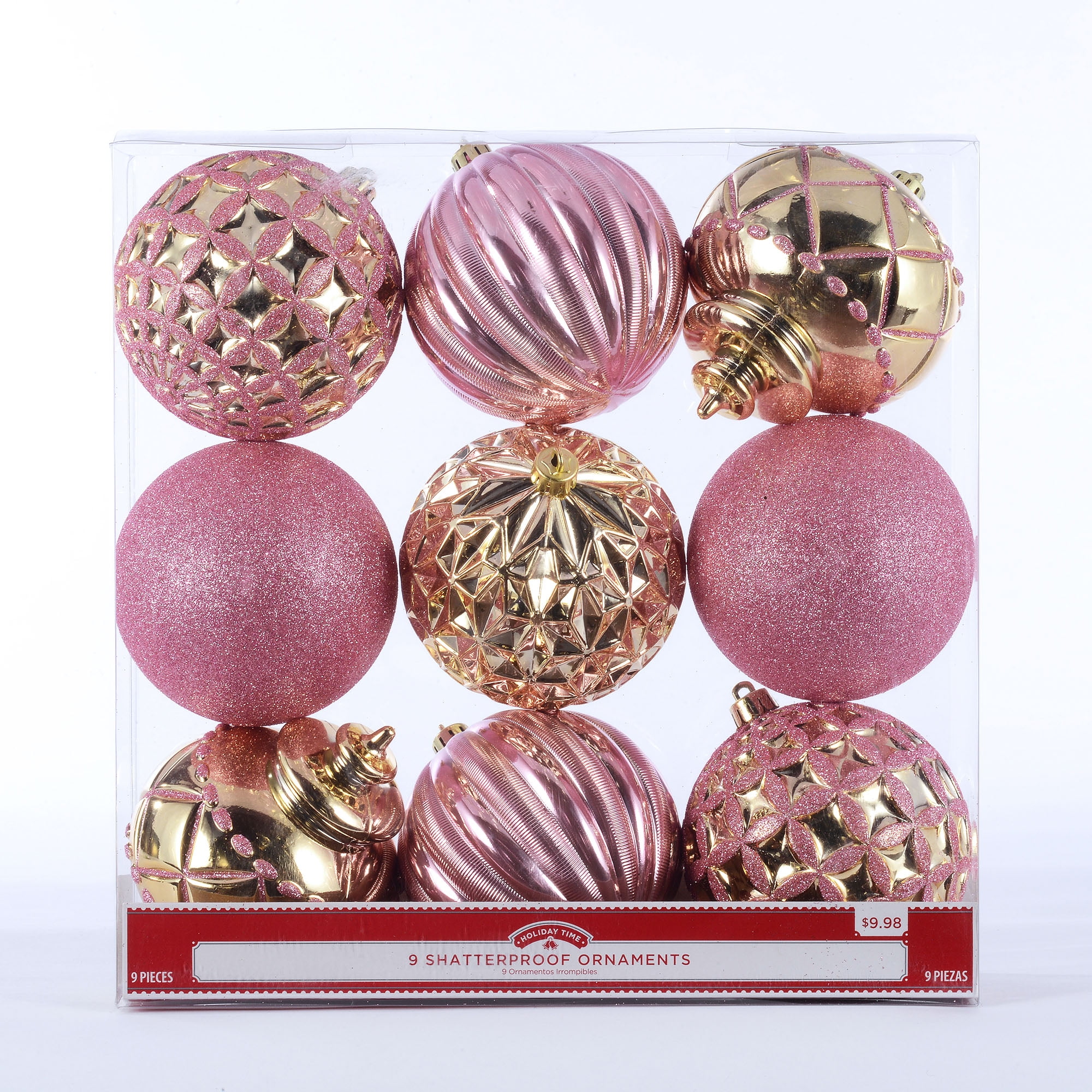 Holiday Time Round Shatterproof Ornaments, Pink and Gold, 9 Count